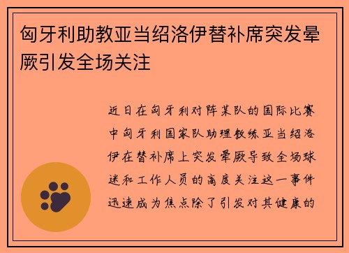匈牙利助教亚当绍洛伊替补席突发晕厥引发全场关注 匈牙利助教亚当绍洛伊替补席突发晕厥引发全场关注