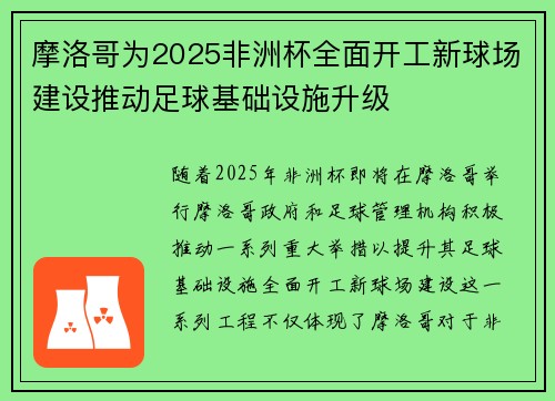 摩洛哥为2025非洲杯全面开工新球场建设推动足球基础设施升级 摩洛哥为2025非洲杯全面开工新球场建设推动足球基础设施升级